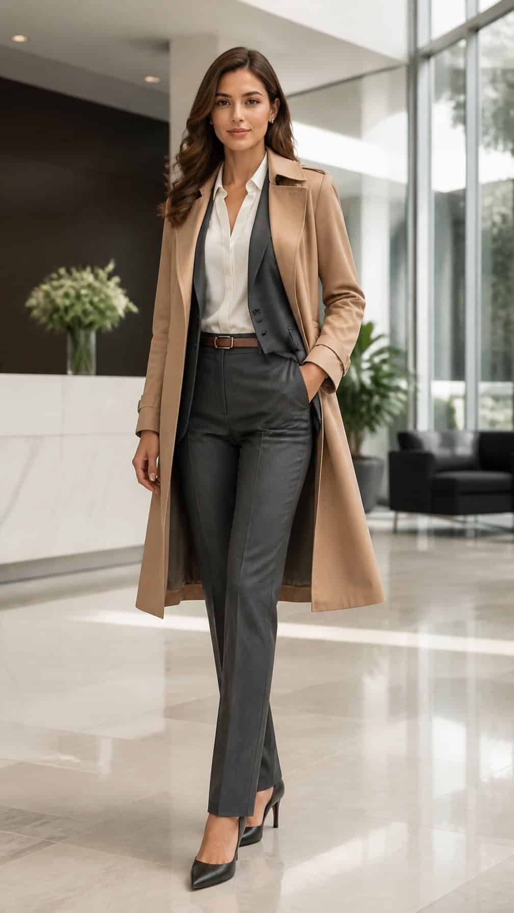 A woman in a tan trench coat over a tailored gray suit standing in a modern office.