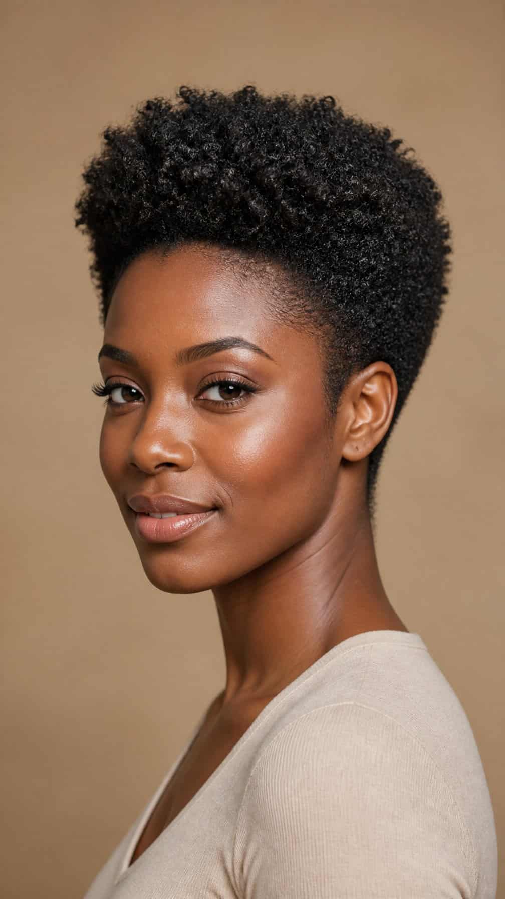 A woman with a short tapered afro and fuller textured curls on top.
