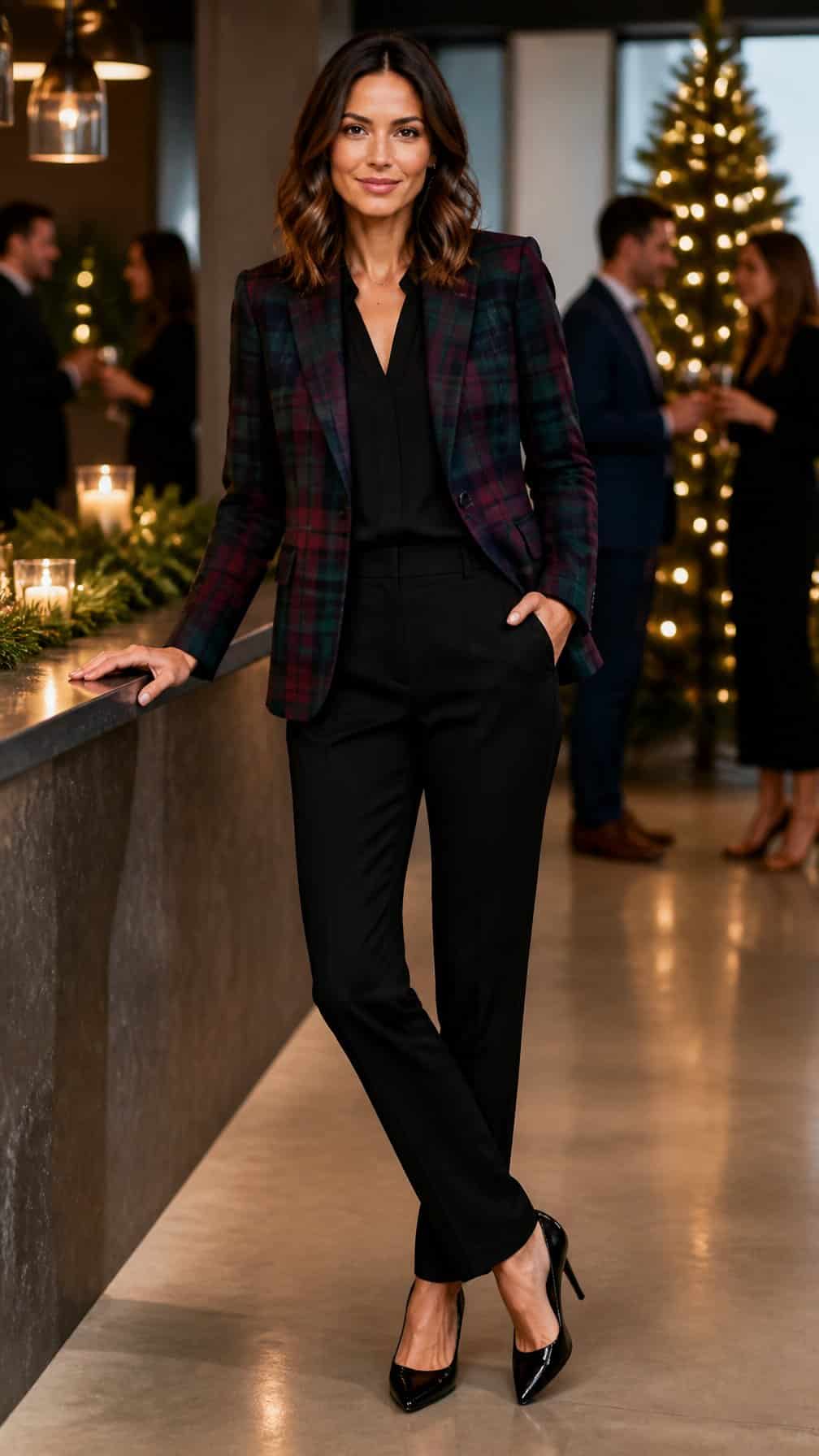 A woman in a tartan blazer and tailored black trousers at a festive office party.