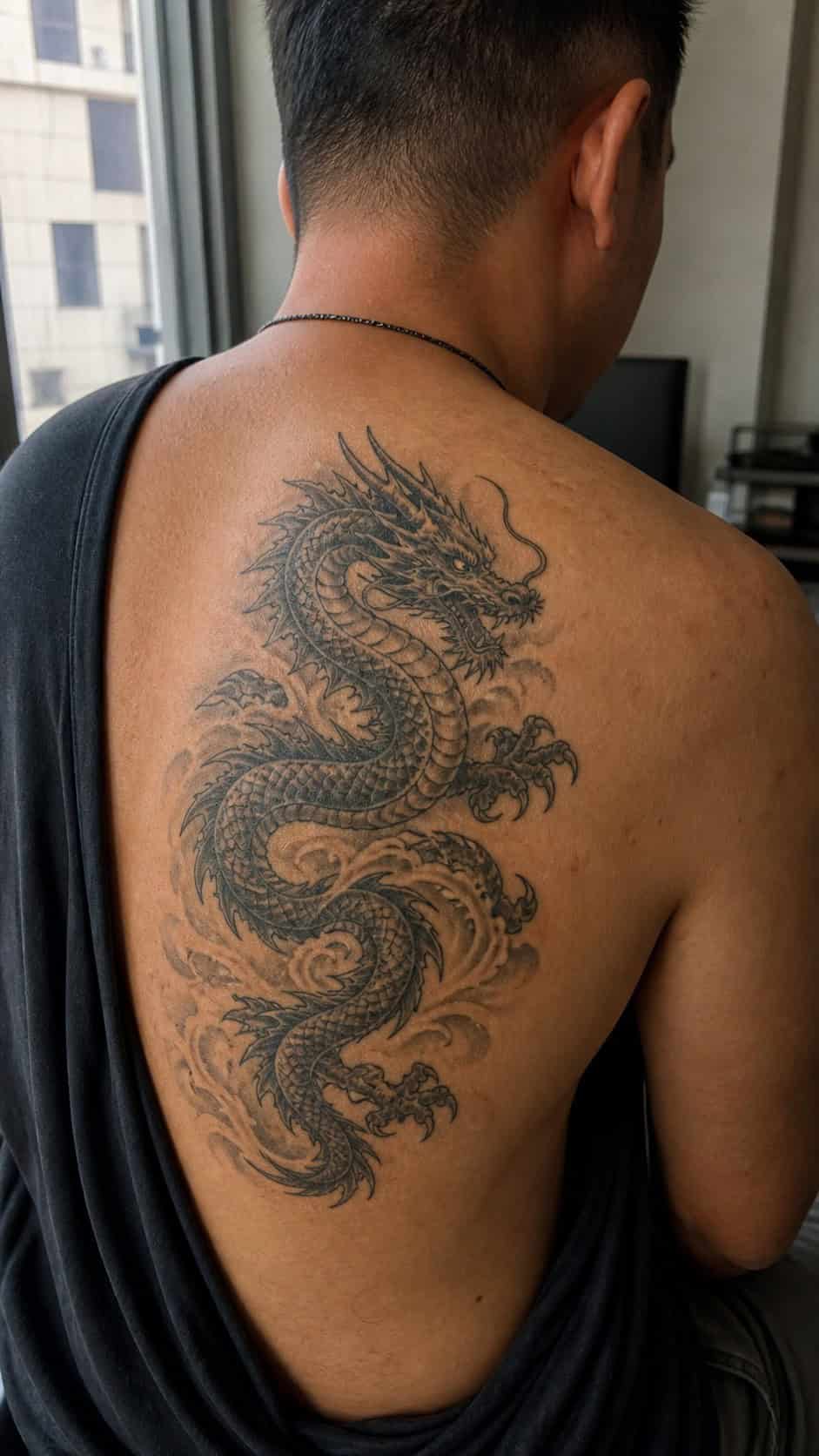From Samurai to Dragons: 19 Stunning Japanese Tattoo Ideas for Men 8 Healed dragon tattoo on a adult man's upper back, photographed in a natural slightly elevated close view — study 2
