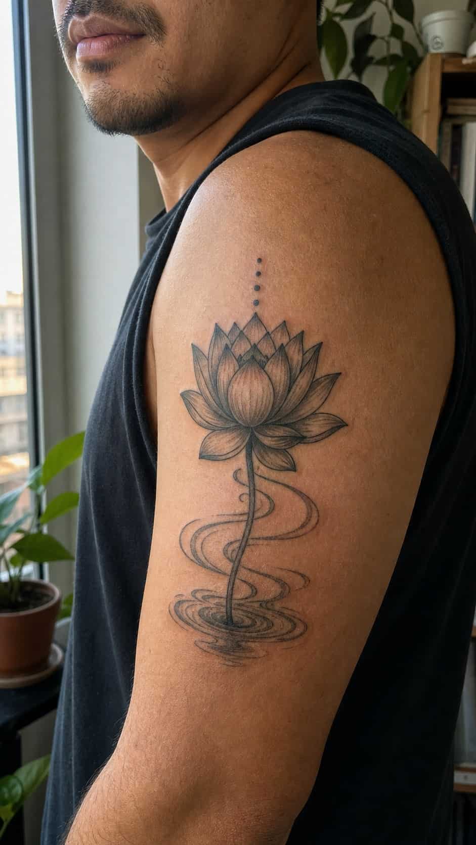 From Samurai to Dragons: 19 Stunning Japanese Tattoo Ideas for Men 25 Healed lotus flower tattoo on a adult man's outer upper arm, photographed in a natural slightly elevated close view — study 1