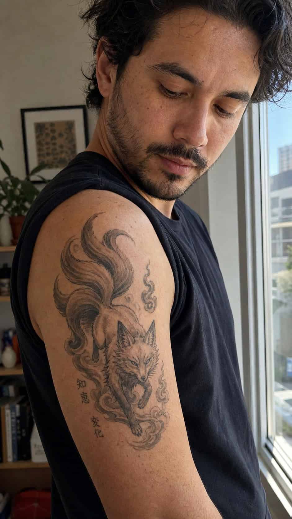From Samurai to Dragons: 19 Stunning Japanese Tattoo Ideas for Men 38 Healed kitsune (fox) tattoo on a adult man's outer upper arm, photographed in a natural casual close three-quarter view — study 3