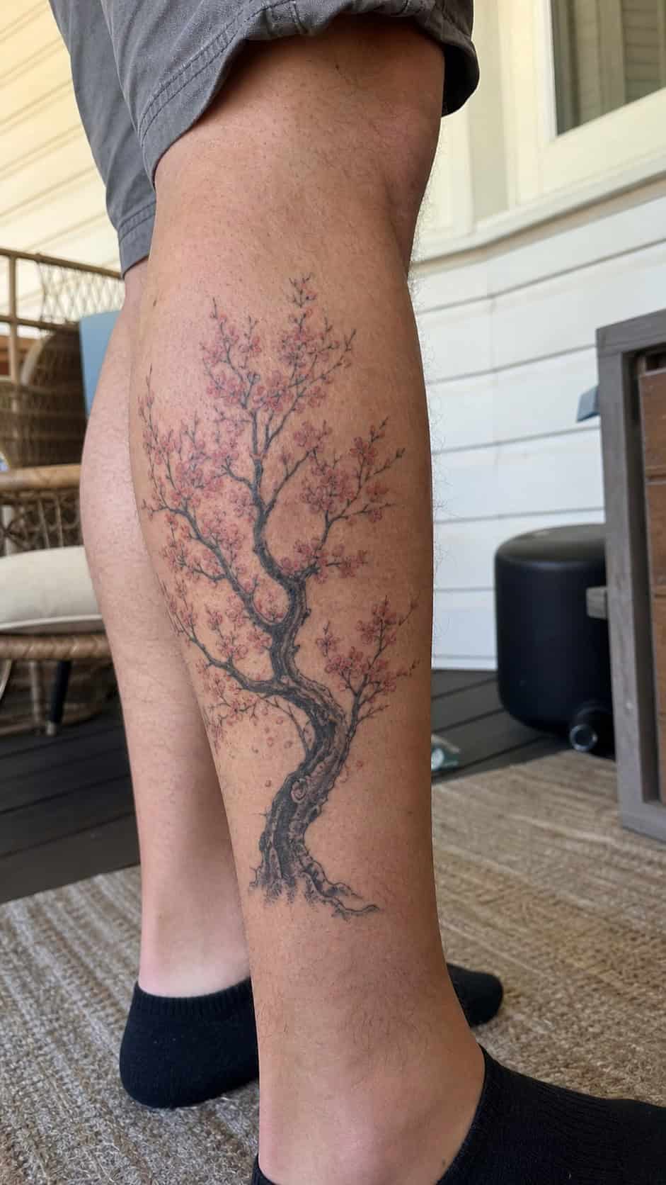 From Samurai to Dragons: 19 Stunning Japanese Tattoo Ideas for Men 44 Healed cherry blossom tree tattoo on a adult man's outer calf, photographed in a natural gentle side angle that clearly shows how the — study 1