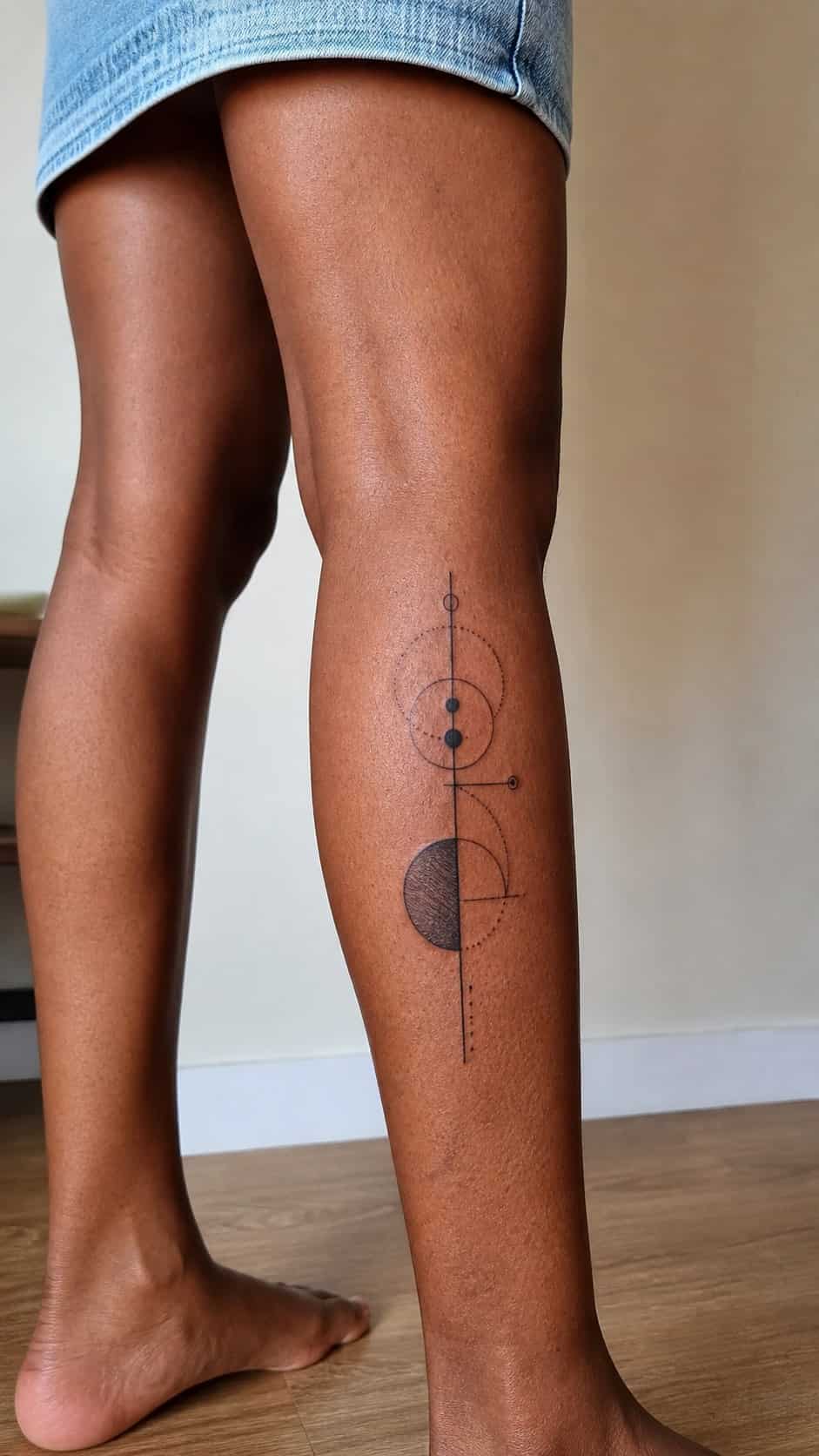 Healed geometric minimalism tattoo on a adult woman's outer calf, photographed in a natural slightly elevated close view — study 3