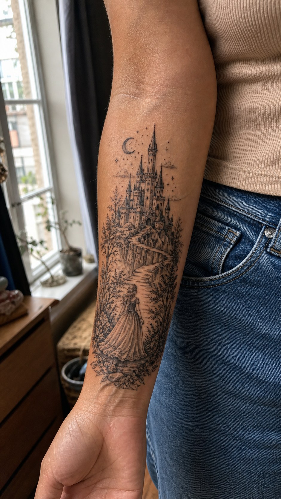 Healed enchanting fairy tale scene tattoo on a adult woman's inner forearm, photographed in a natural casual close three-quarter view — study 1