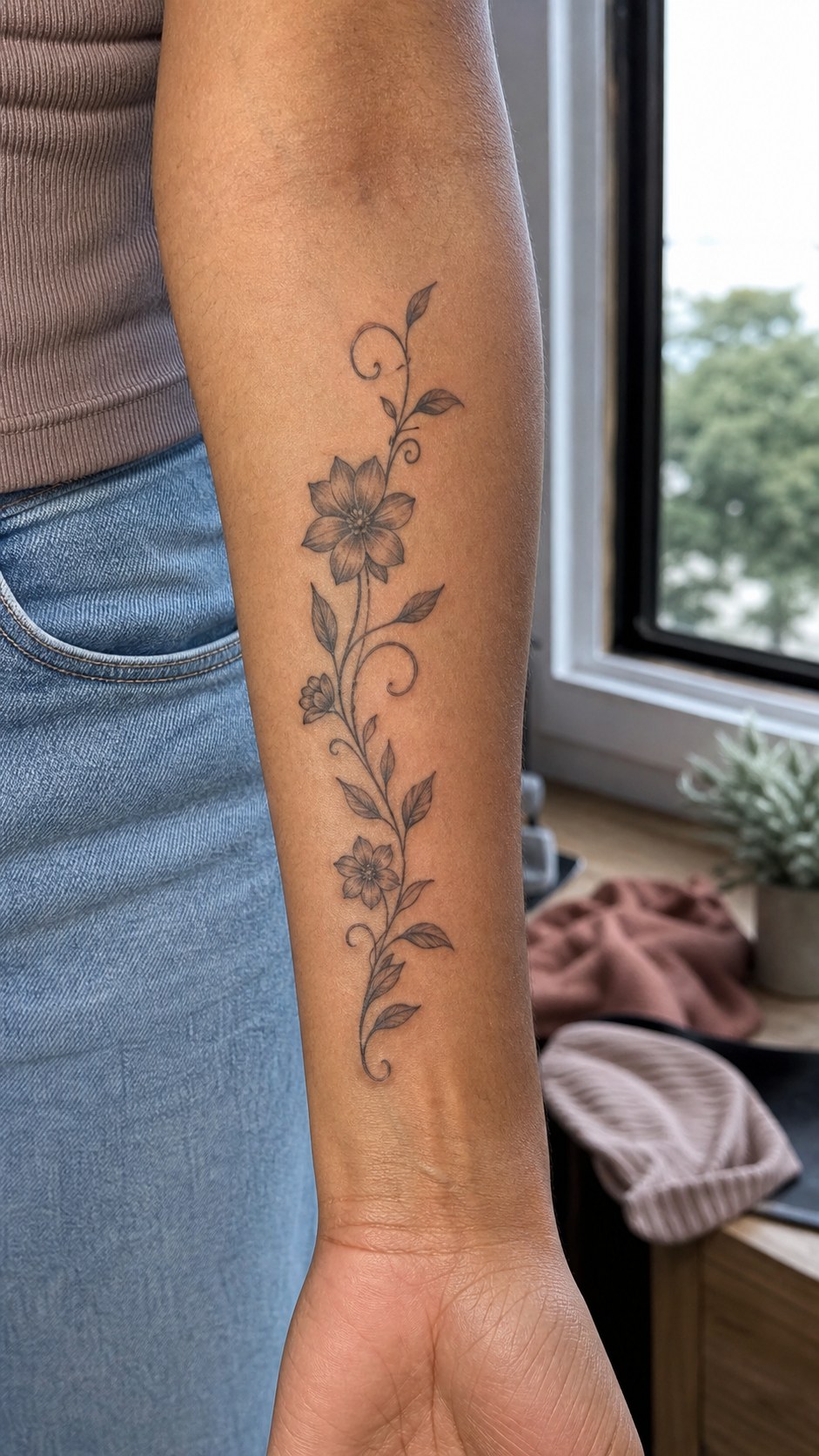 Healed graceful floral vine tattoo on a adult woman's inner forearm, photographed in a natural relaxed documentary crop — study 2