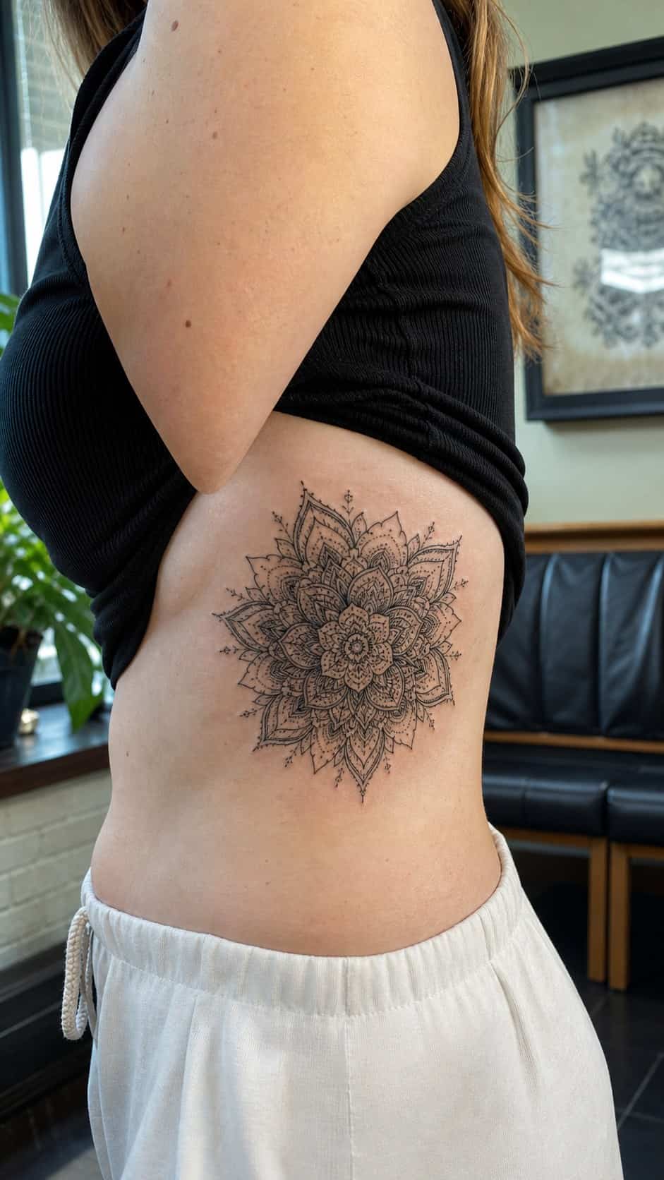 32 Stunning Rib Tattoos for Women 5 Healed intricate mandala tattoo on a adult woman's side ribs, photographed in a natural casual close three-quarter view — study 2