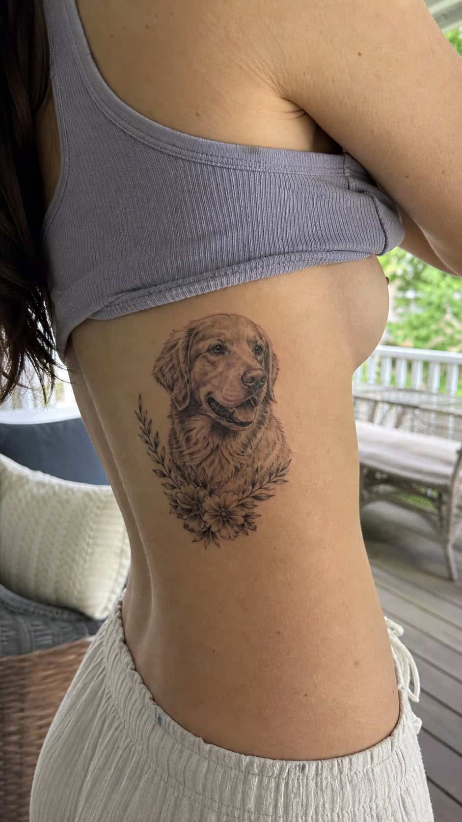 32 Stunning Rib Tattoos for Women 15 Healed animal portrait tattoo on a adult woman's side ribs, photographed in a natural straight-on close view, a touch off-center like — study 2