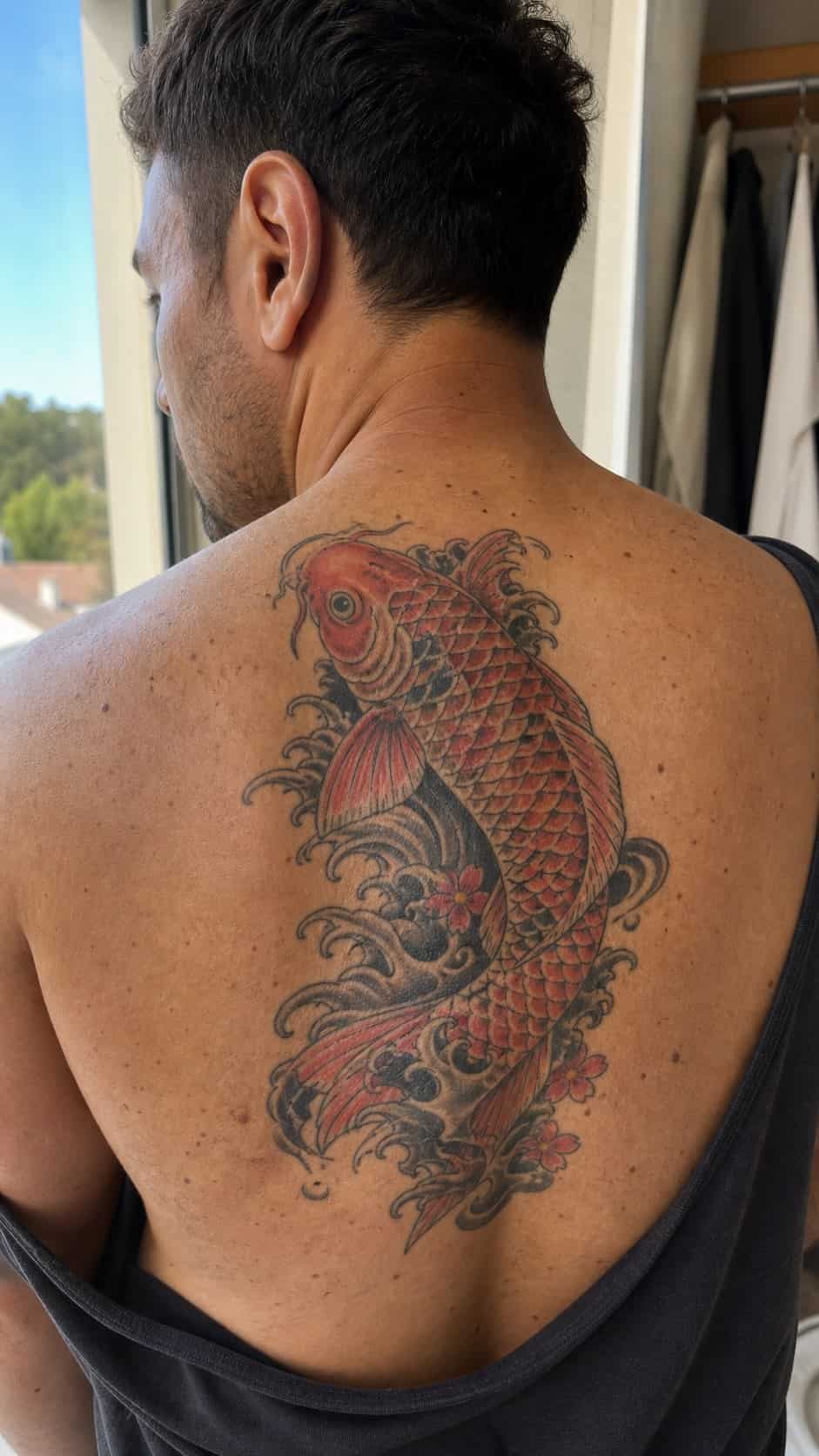 The Art of Ink: 23 Inspirational Back Tattoos for Men 10 Healed japanese koi fish tattoo on a adult man's upper back, photographed in a natural casual close three-quarter view — study 1