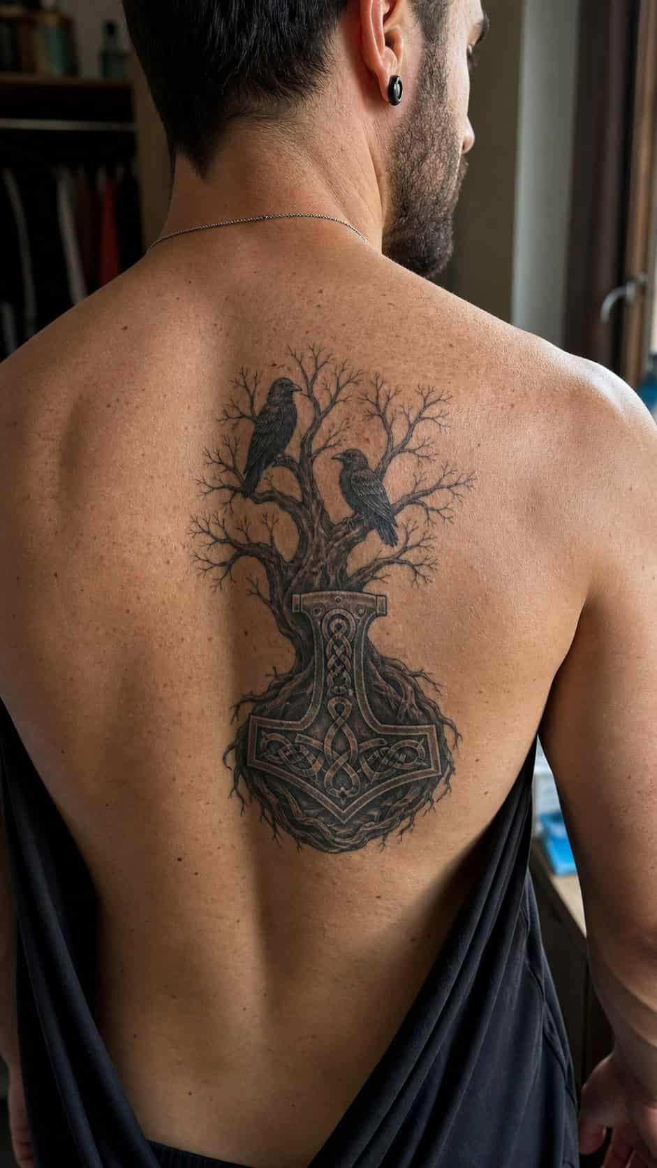 The Art of Ink: 23 Inspirational Back Tattoos for Men 16 Healed norse mythology tattoo on a adult man's upper back, photographed in a natural waist-height candid close-up — study 1