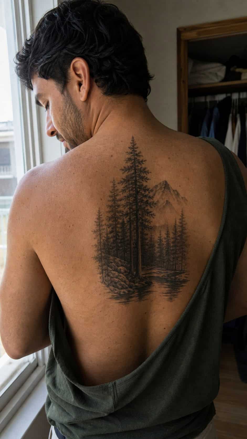 The Art of Ink: 23 Inspirational Back Tattoos for Men 20 Healed forest scene tattoo on a adult man's upper back, photographed in a natural waist-height candid close-up — study 1