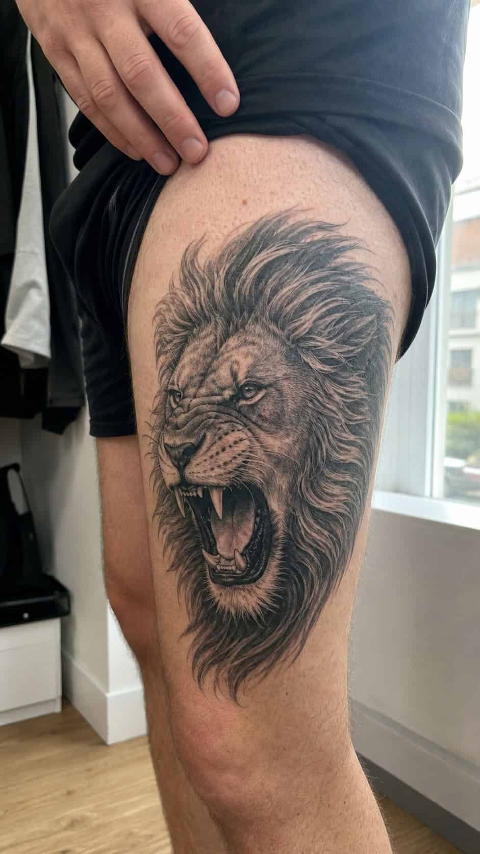 Feeling Bold? Try These 25 Killer Thigh Tattoo Ideas for Men 2 Healed fierce lion roar tattoo on a adult man's outer thigh, photographed in a natural gentle side angle that clearly shows how the — study 1