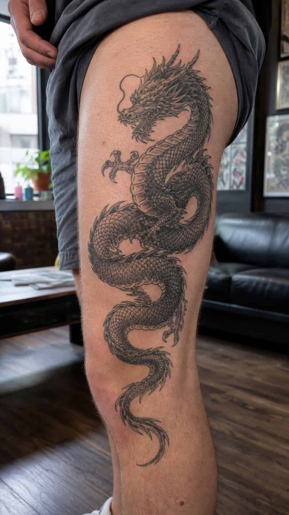 Feeling Bold? Try These 25 Killer Thigh Tattoo Ideas for Men 23 Healed detailed dragon coiling tattoo on a adult man's outer thigh, photographed in a natural waist-height candid close-up — study 3
