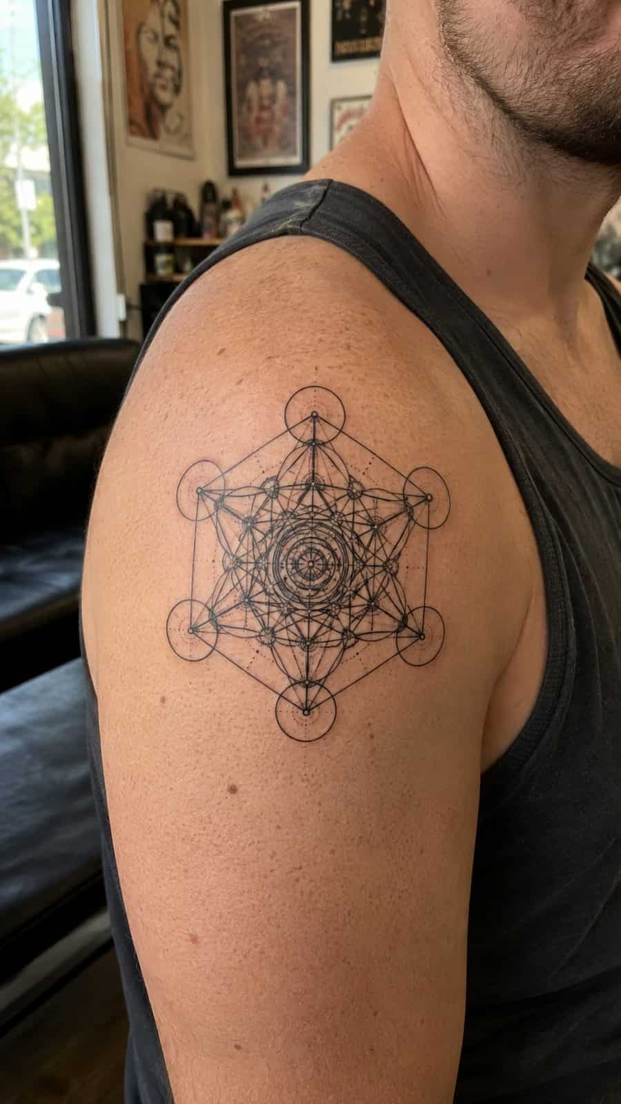 48 Tattoo Ideas for Men Worth Considering for Your Next Ink 3 Healed meticulously geometric tattoo on a adult man's shoulder, photographed in a natural slightly elevated close view — study 2