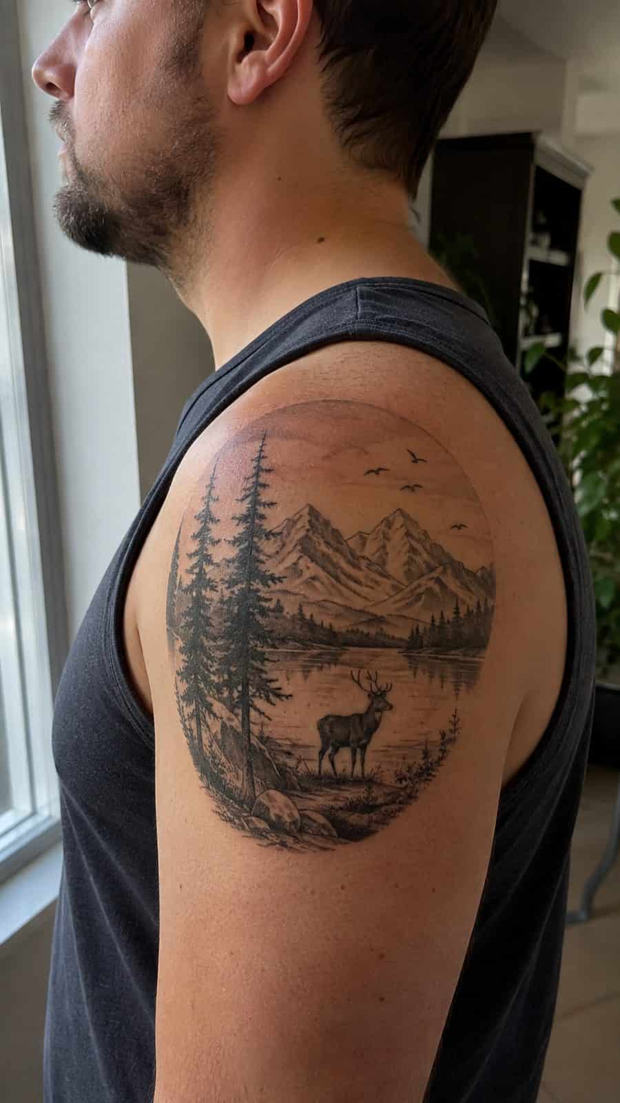 48 Tattoo Ideas for Men Worth Considering for Your Next Ink 5 Healed nature's symphony tattoo on a adult man's shoulder, photographed in a natural slightly elevated close view — study 2