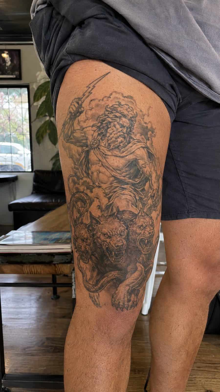 48 Tattoo Ideas for Men Worth Considering for Your Next Ink 11 Healed mythical echoes tattoo on a adult man's outer thigh, photographed in a natural slightly elevated close view — study 1