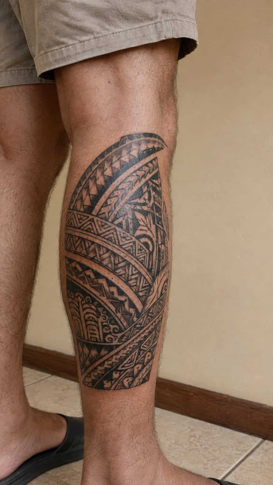 48 Tattoo Ideas for Men Worth Considering for Your Next Ink 16 Healed cultural tapestry tattoo on a adult man's outer calf, photographed in a natural relaxed documentary crop — study 2