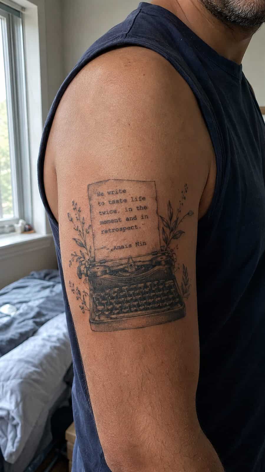 48 Tattoo Ideas for Men Worth Considering for Your Next Ink 17 Healed narrative ink tattoo on a adult man's outer upper arm, photographed in a natural slightly elevated close view — study 1