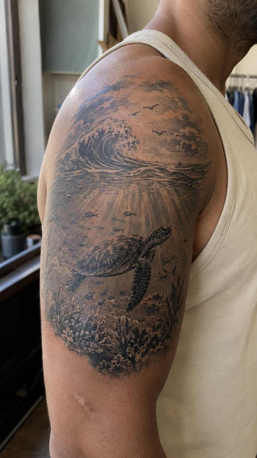48 Tattoo Ideas for Men Worth Considering for Your Next Ink 20 Healed aquatic dreams tattoo on a adult man's shoulder, photographed in a natural slightly elevated close view — study 2