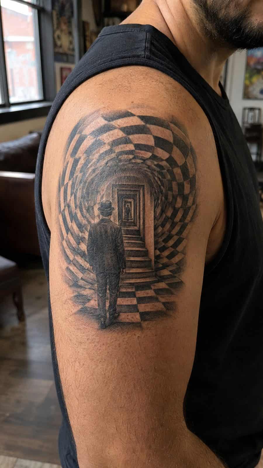 48 Tattoo Ideas for Men Worth Considering for Your Next Ink 27 Healed illusion mastery tattoo on a adult man's shoulder, photographed in a natural slightly elevated close view — study 3