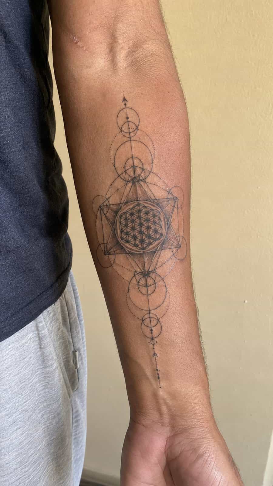 48 Tattoo Ideas for Men Worth Considering for Your Next Ink 29 Healed spiritual geometry tattoo on a adult man's inner forearm, photographed in a natural slightly elevated close view — study 2