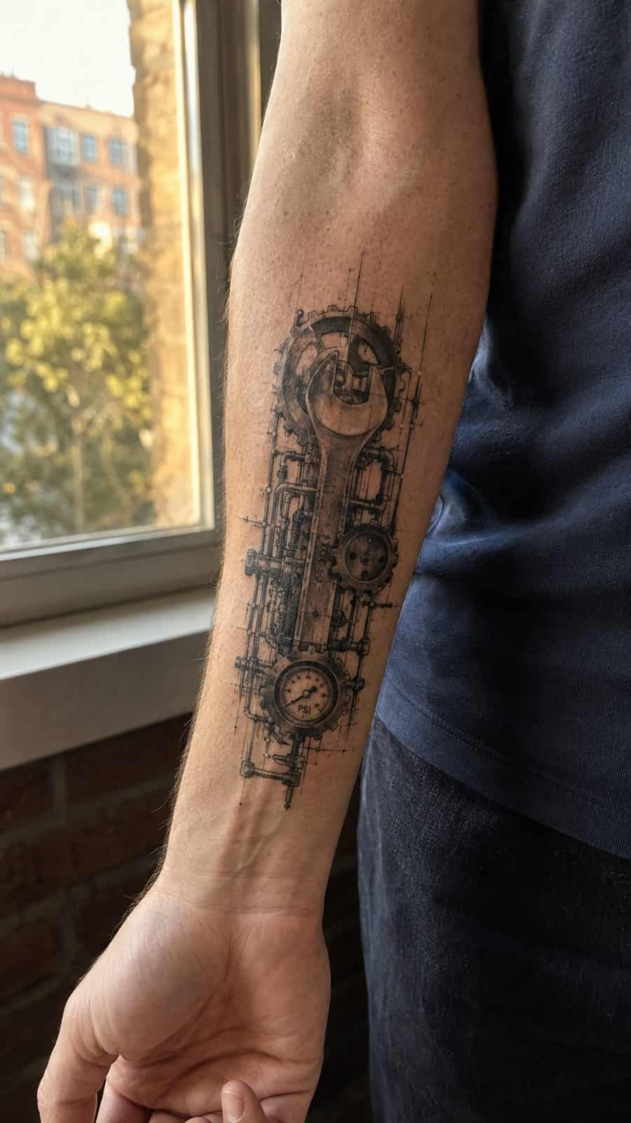 48 Tattoo Ideas for Men Worth Considering for Your Next Ink 34 Healed industrial grit tattoo on a adult man's inner forearm, photographed in a natural relaxed documentary crop — study 3