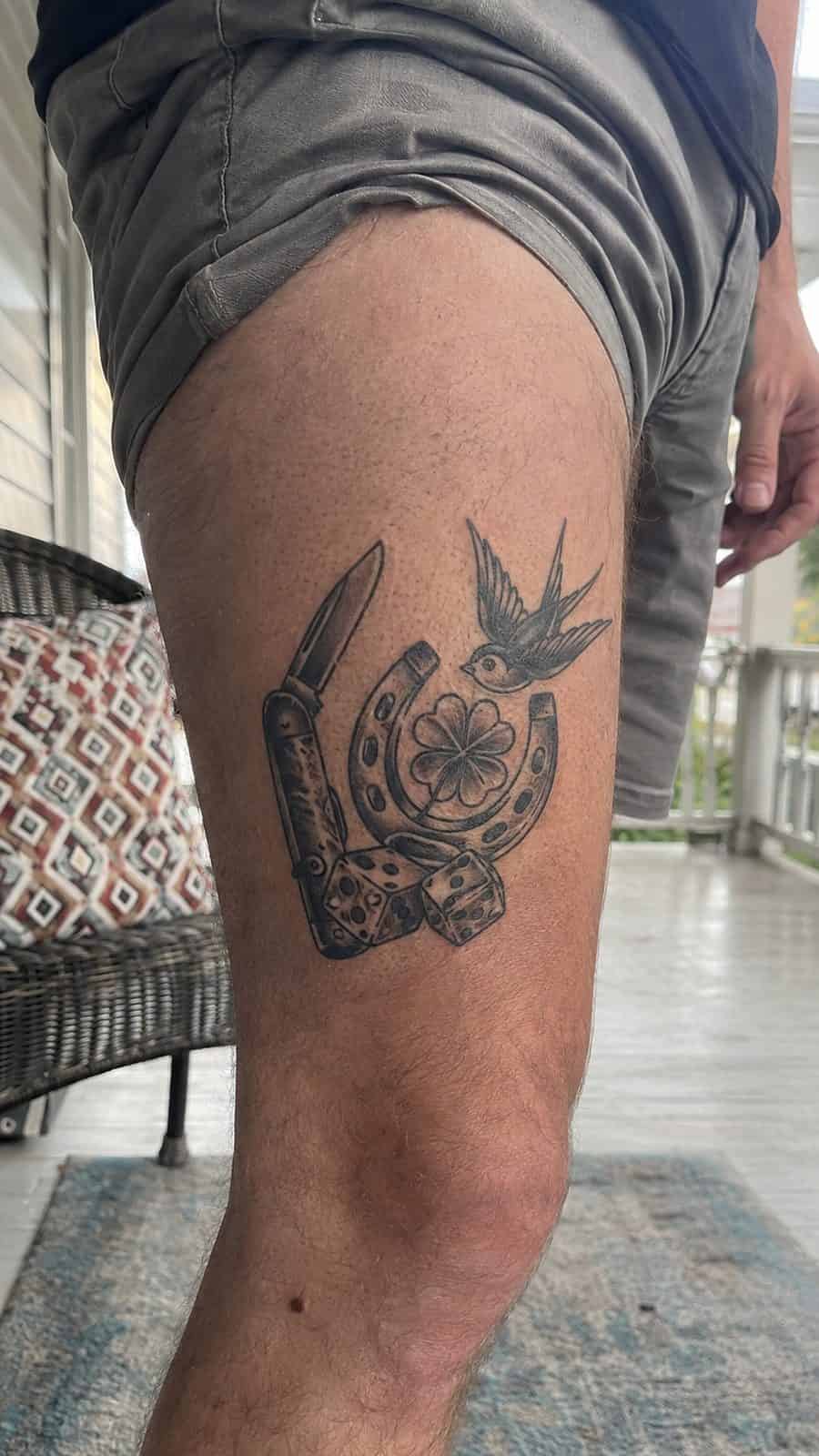 48 Tattoo Ideas for Men Worth Considering for Your Next Ink 35 Healed vintage charms tattoo on a adult man's outer thigh, photographed in a natural waist-height candid close-up — study 1