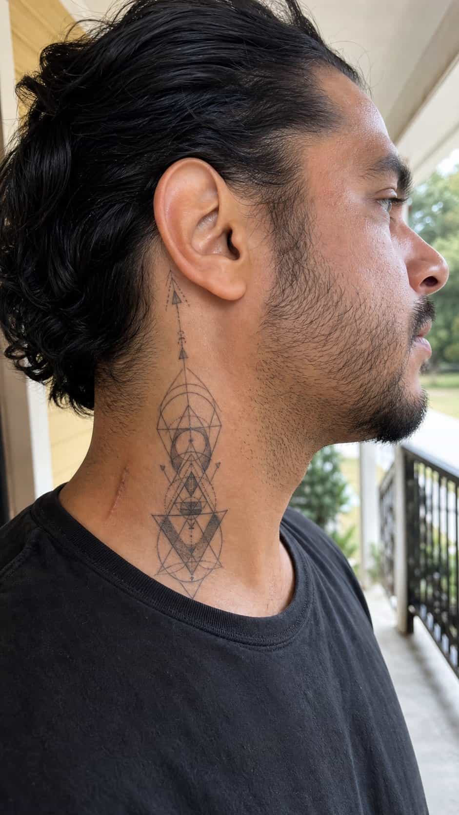 15 Neck Tattoo Ideas for Men Worth Considering 2 Healed geometric precision tattoo on a adult man's side neck, photographed in a natural slightly elevated close view — study 1