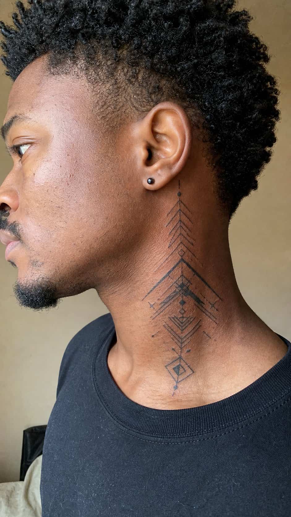 15 Neck Tattoo Ideas for Men Worth Considering 3 Healed geometric precision tattoo on a adult man's side neck, photographed in a natural waist-height candid close-up — study 2