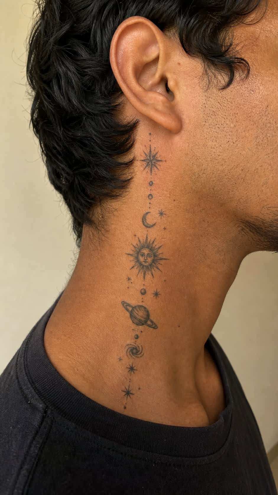 15 Neck Tattoo Ideas for Men Worth Considering 5 Healed celestial symbols tattoo on a adult man's side neck, photographed in a natural gentle side angle that clearly shows how the ink — study 2