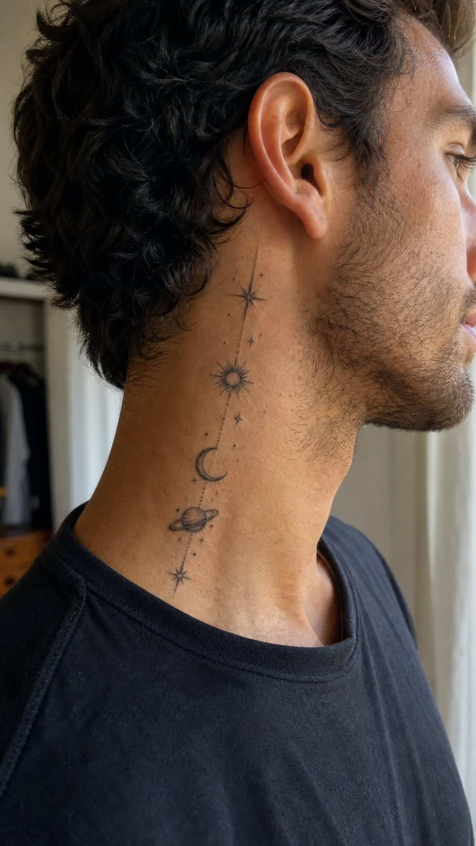 15 Neck Tattoo Ideas for Men Worth Considering 6 Healed celestial symbols tattoo on a adult man's side neck, photographed in a natural slightly elevated close view — study 3