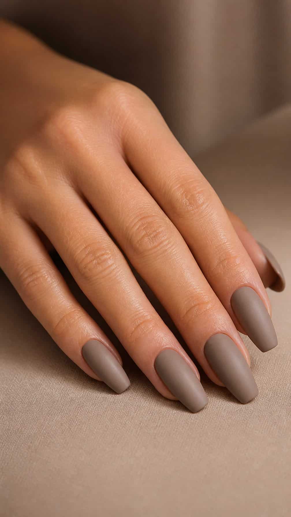 A well-groomed hand displaying taupe coffin-shaped nails with a satin finish.