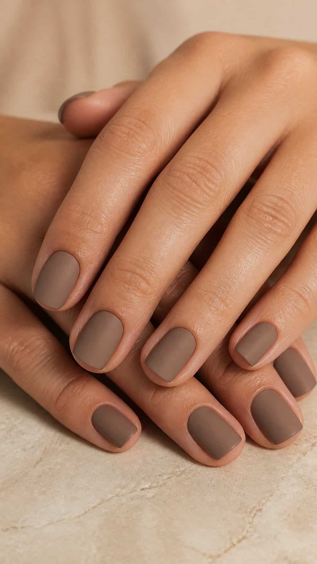 A hand with short square nails painted matte taupe rests on a neutral surface.