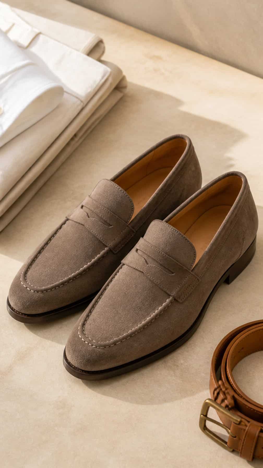 A pair of taupe suede loafers arranged on a neutral tabletop beside folded classic clothing.