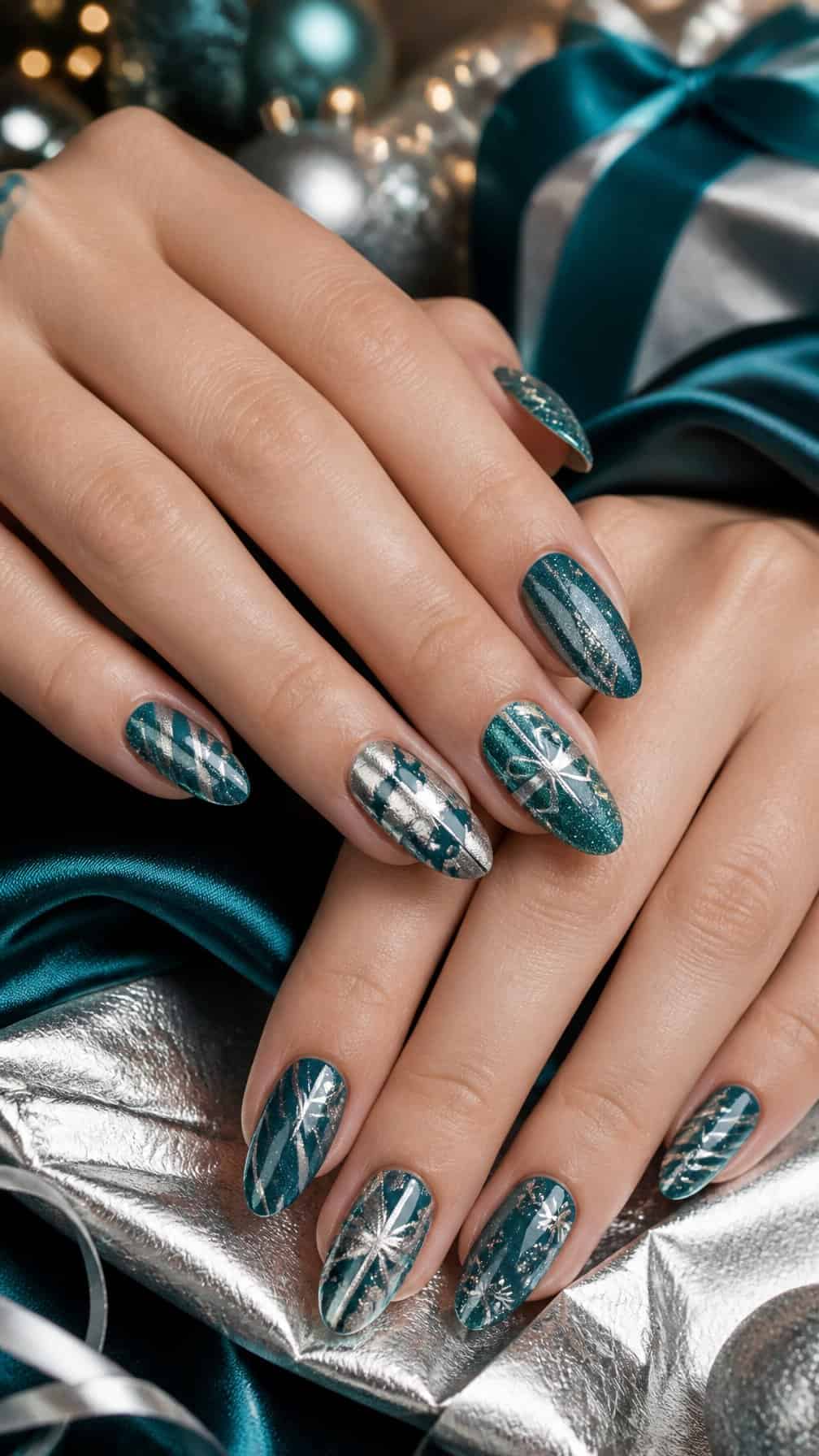 Hands with teal and silver Christmas-themed nail art resting on folded gift-wrap materials.