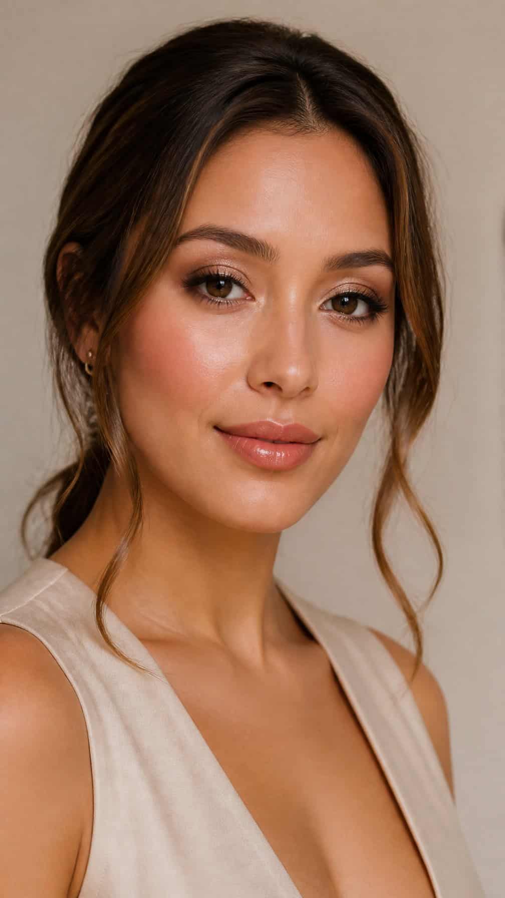 Woman wearing softly blended neutral makeup and posing against a warm neutral background.