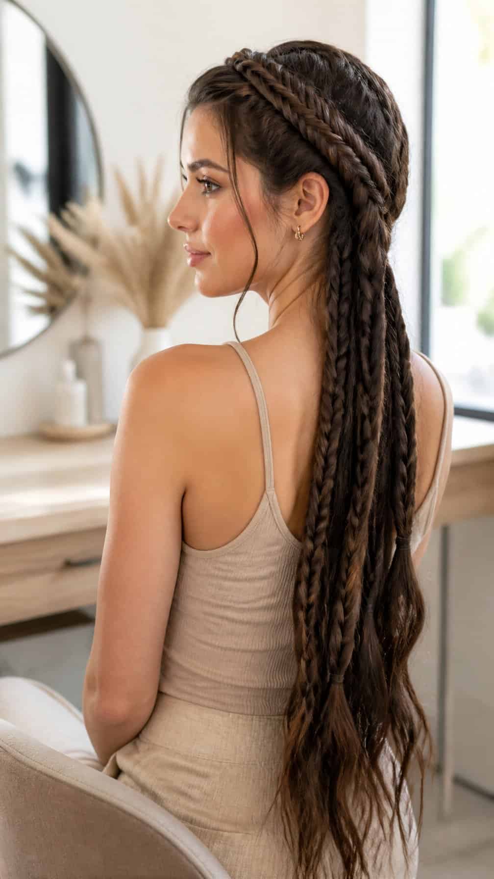 A woman with very long hair styled in an intricate, polished braided hairstyle.
