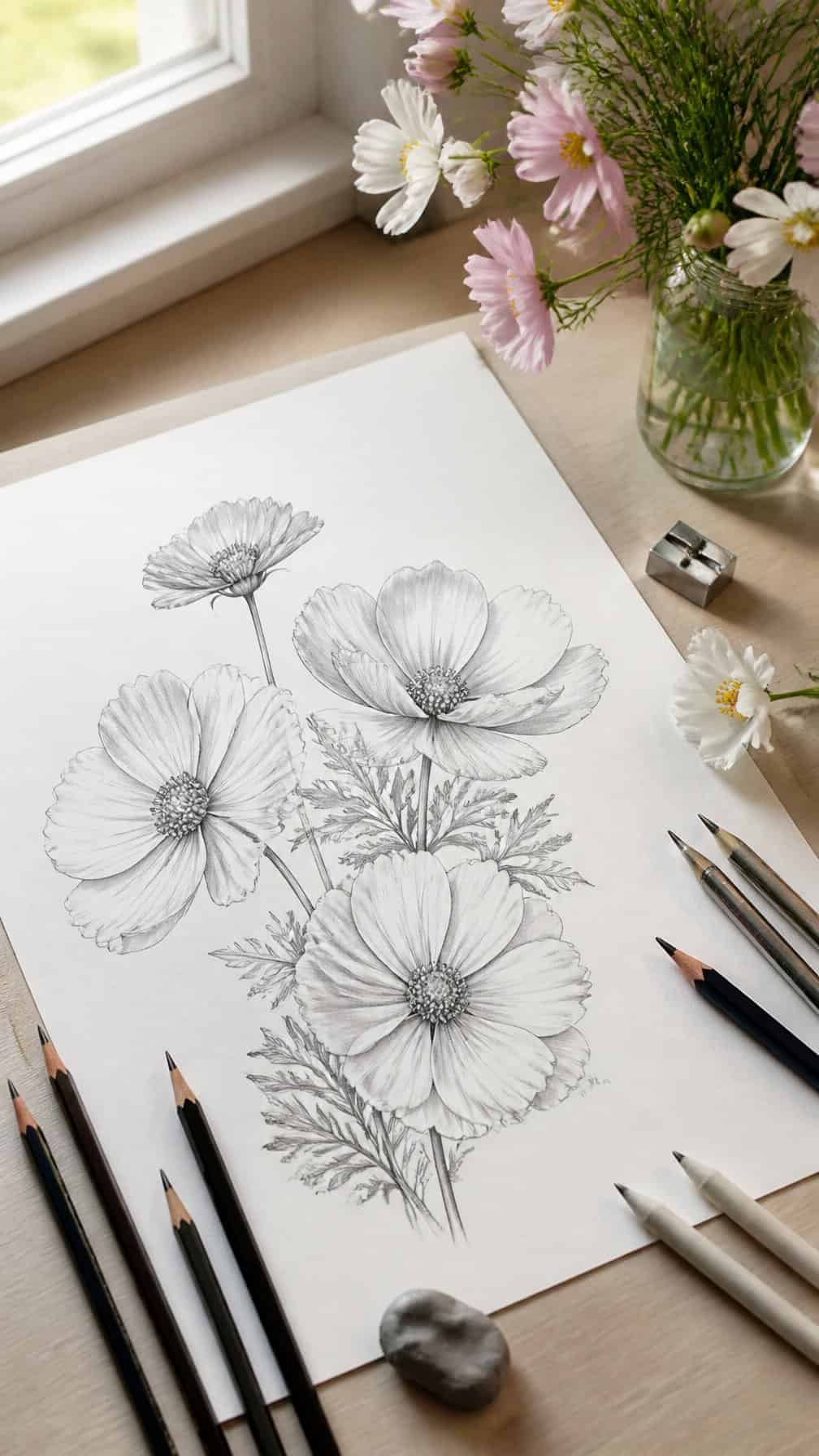 A botanical flower drawing in progress beside pencils, art tools, and fresh flowers.
