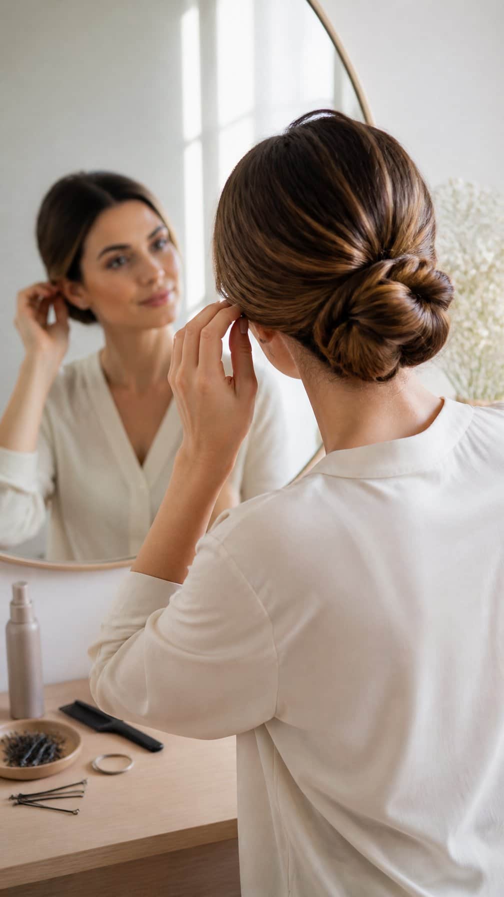 A woman checks her polished pinned updo at a vanity with hairstyling tools nearby.