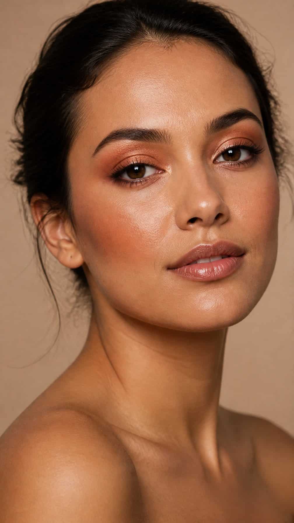 Close-up portrait of a woman wearing terracotta eyeshadow, warm bronzer, and a glossy nude lip.