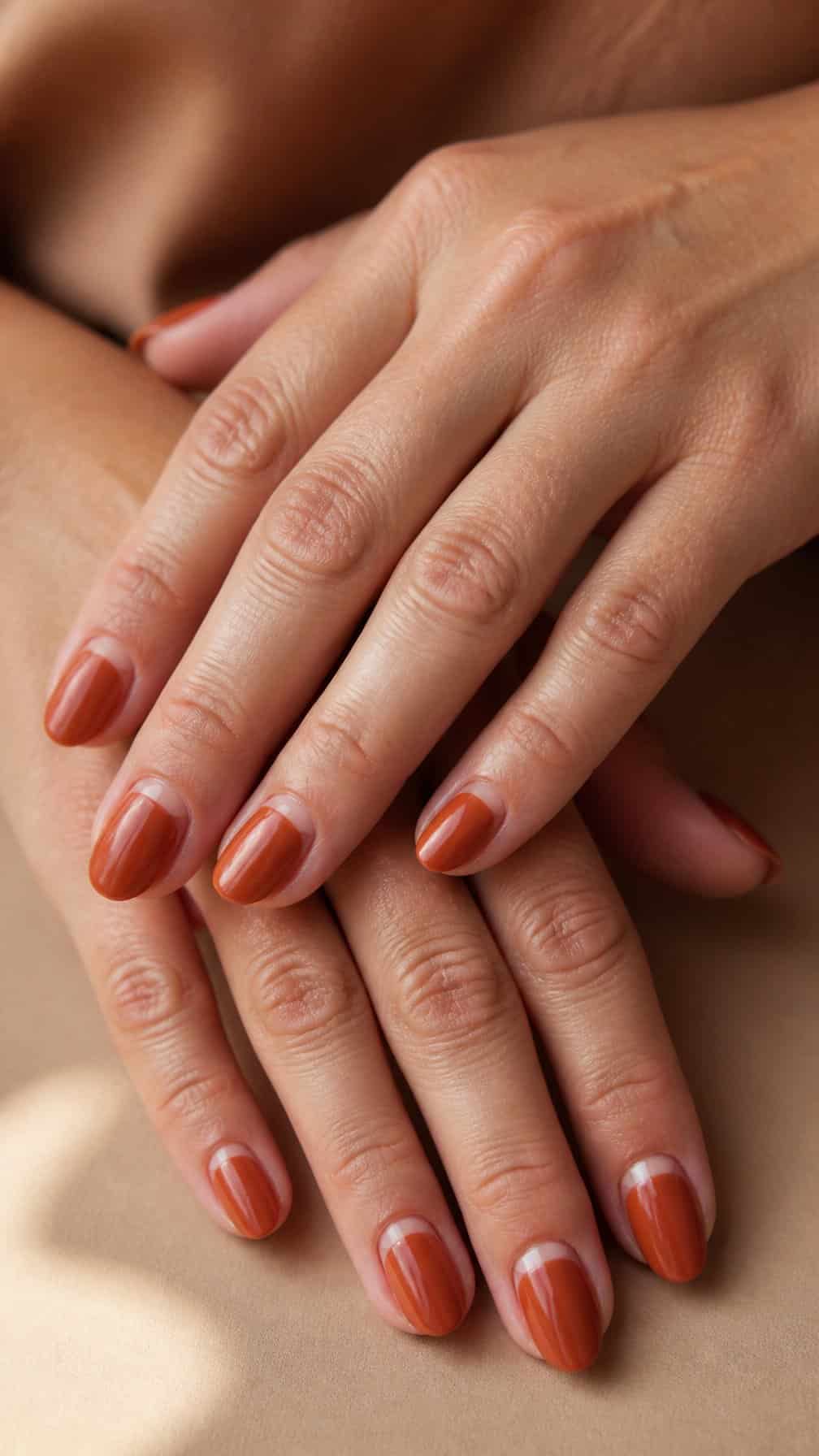A close-up of mature hands with terracotta nail polish and curved unpainted designs near the cuticles.