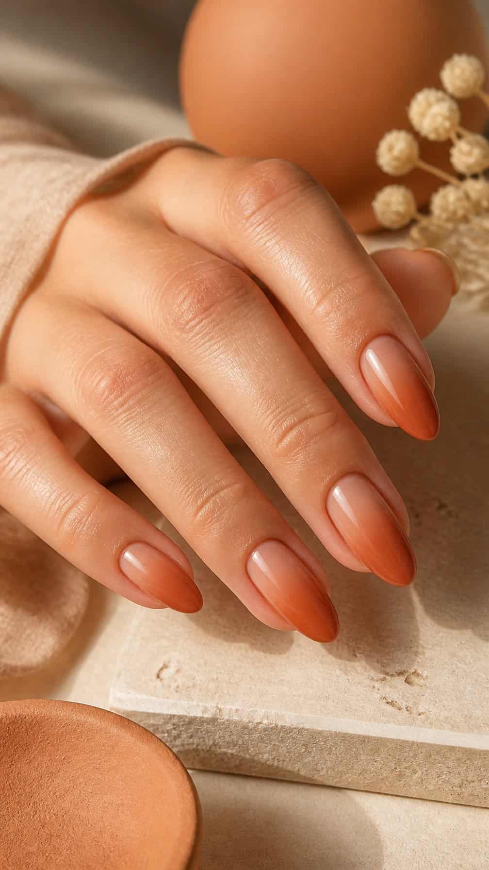A hand with almond-shaped nails painted in a smooth terracotta-to-nude gradient.
