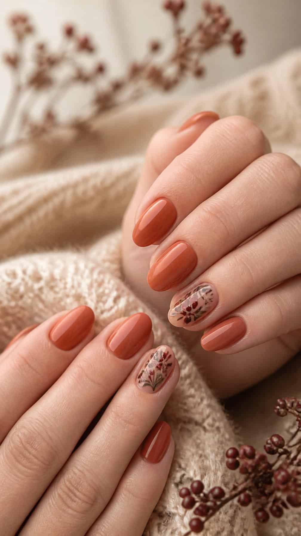 Hands displaying terracotta nails with delicate winter berry designs.