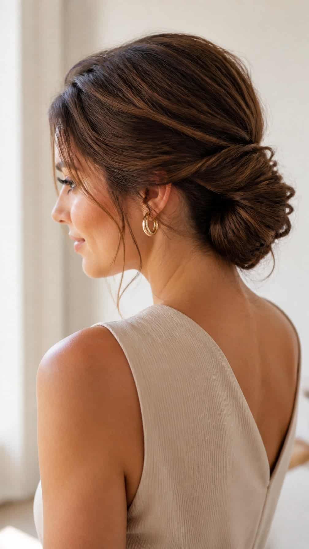 Woman wearing a textured low bun hairstyle.