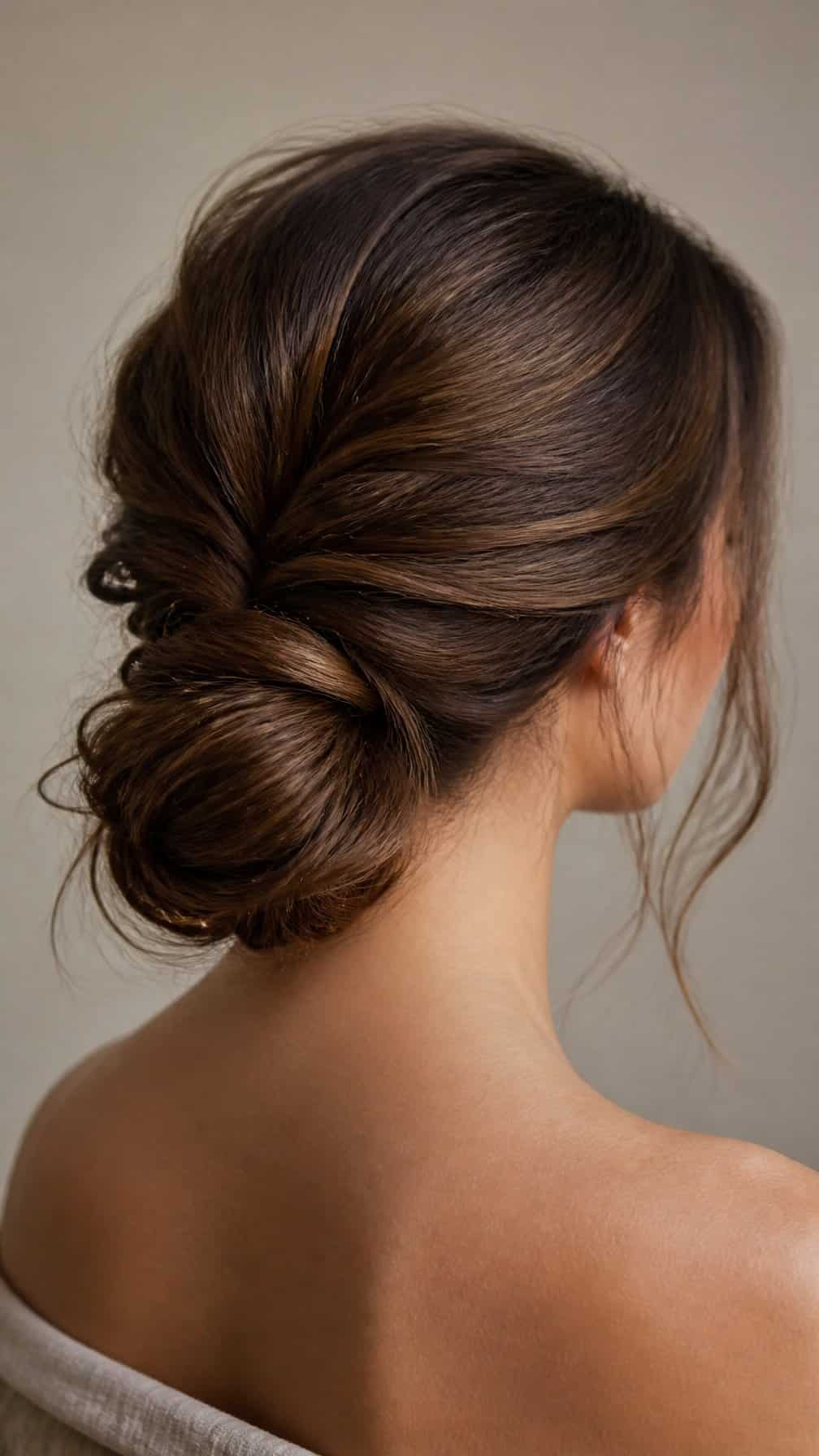 Woman viewed from behind wearing a textured low chignon at the nape of her neck.