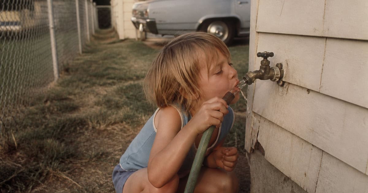Child drinking directly from a garden hose in a 1970s backyard
