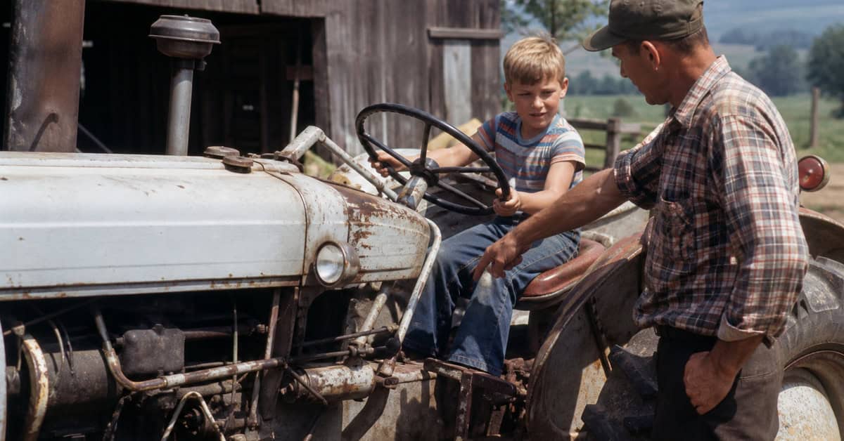 28 Things Every Farm Kid Could Do That City Kids Can't Imagine 2 Young farm child learning tractor controls with a parent in the late 1960s