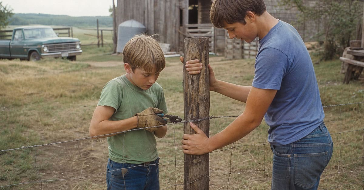 28 Things Every Farm Kid Could Do That City Kids Can't Imagine 5 Farm child mending a wire fence with an older sibling in the late 1960s