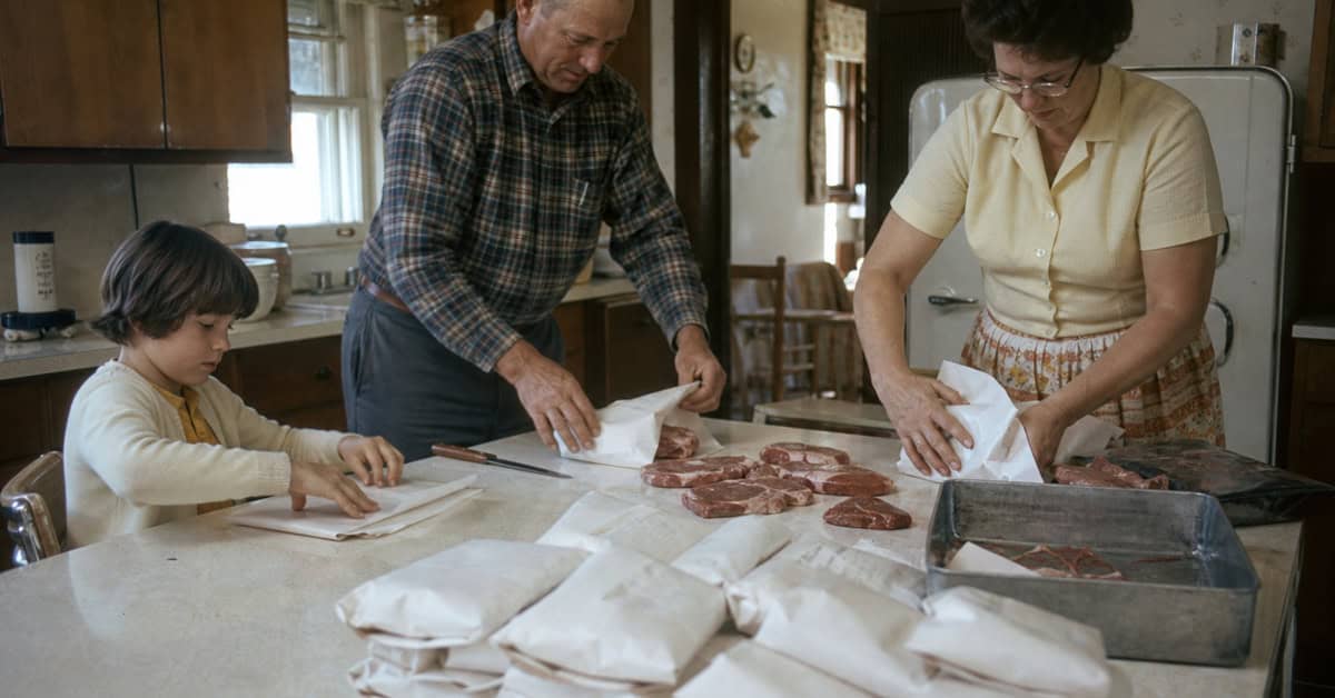 28 Things Every Farm Kid Could Do That City Kids Can't Imagine 7 Farm family wrapping butcher-paper food packages together in the late 1960s