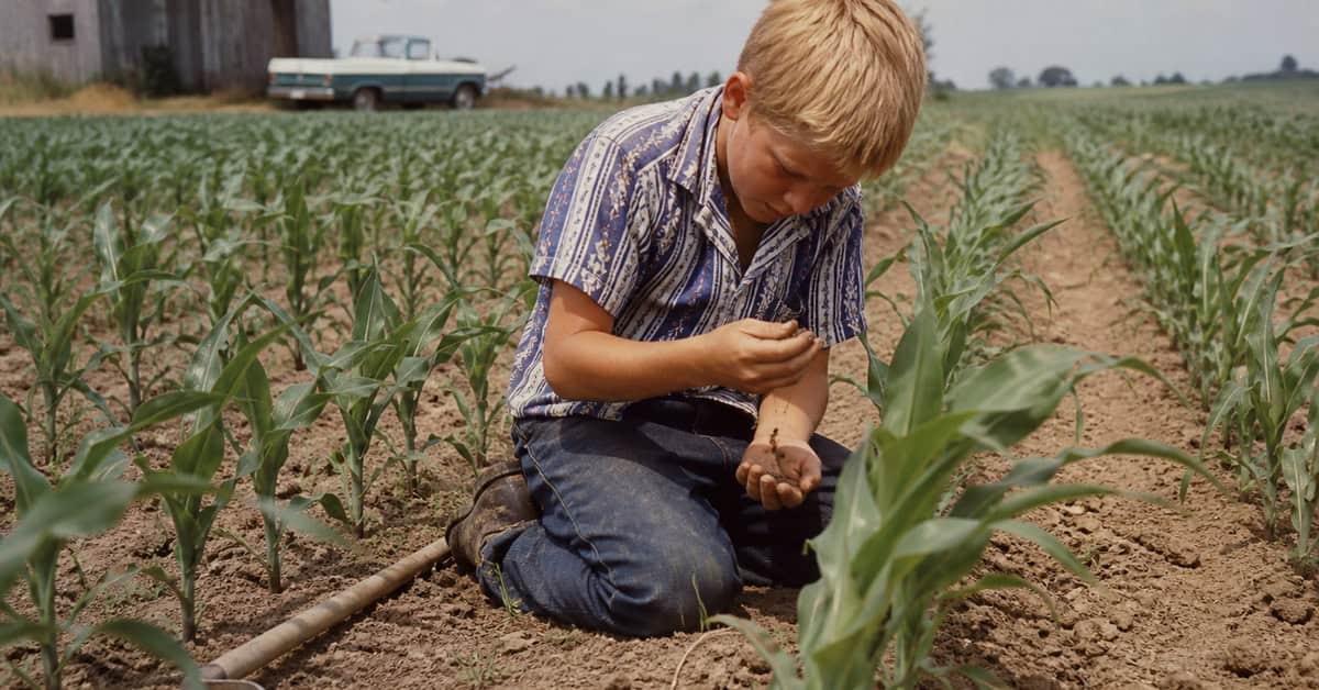 28 Things Every Farm Kid Could Do That City Kids Can't Imagine 10 Farm child checking crops and soil by hand in the late 1960s